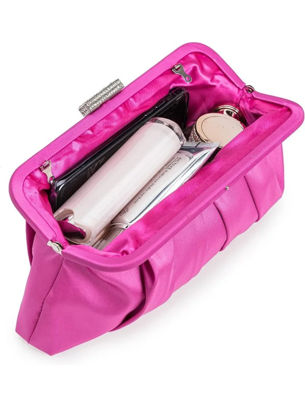 Women's Hot Pink Classic Pleated Satin Clutch Purse Diamante Formal Evening Bag
